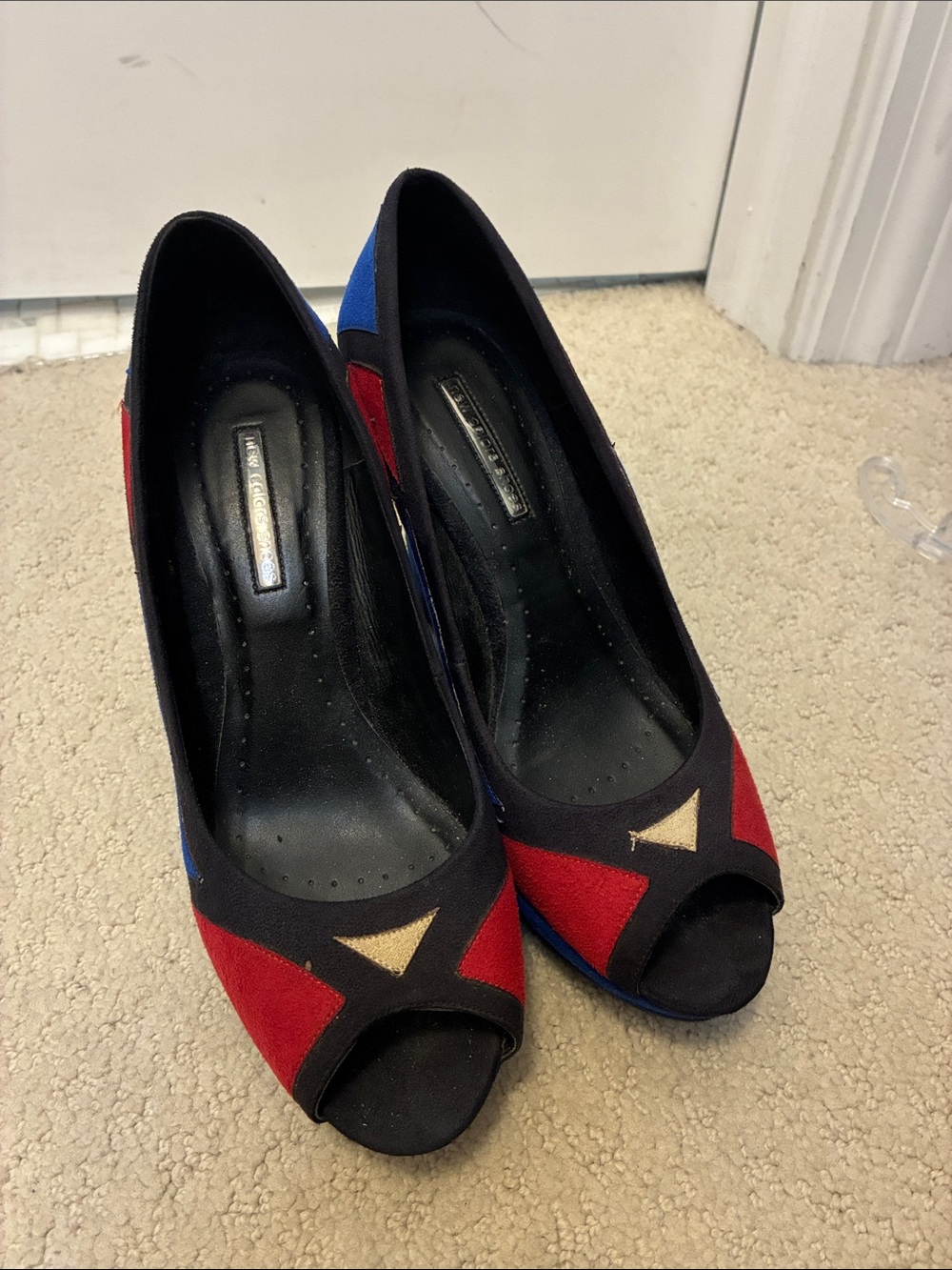 New Colors Shoes Colorblock Suede Wedge Peep Toe Heels Size 24.5 / US 7.5 👵MT
